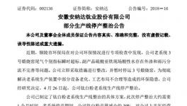 安纳达部分生产线紧急停产整治一个月