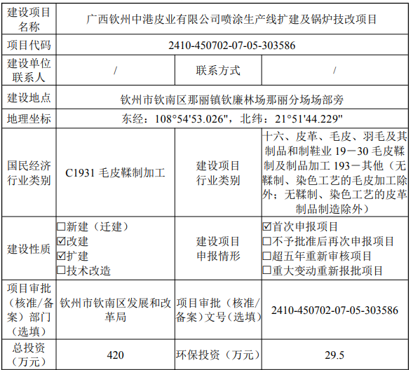 投资420万元！钦州中港皮业喷涂生产线扩建项目公示！
