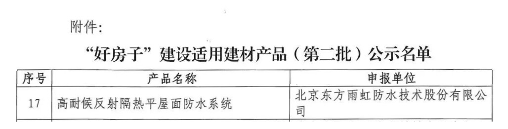 东方雨虹平屋面防水系统入选住建部适配好房子 建设名录