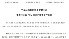 万华化学PDH、POCHP装置恢复生产，阶段性产能回归